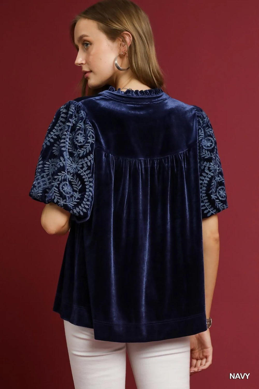 Umgee Velvet Embroidered Sleeve Blouse | Blouses Daverri Fashions