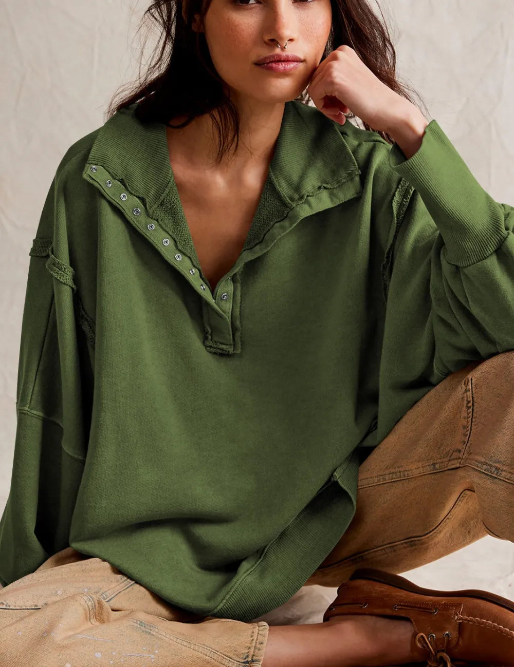Exposed Seam Side Slit Long Sleeve Sweatshirt | Sweatshirts Daverri Fashions