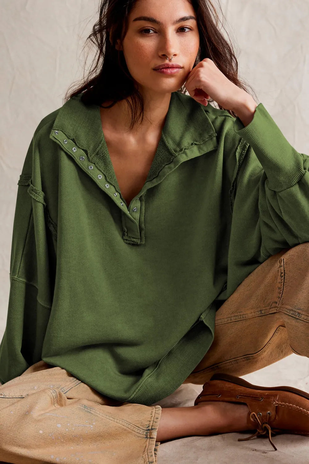 Exposed Seam Side Slit Long Sleeve Sweatshirt | Sweatshirts Daverri Fashions