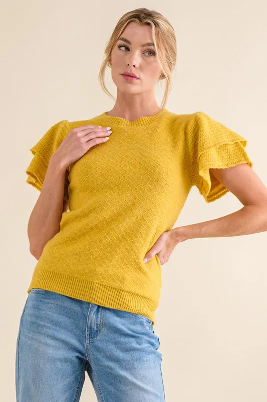 And The Why Double Layered Ruffle Sleeves Sweater Top MUSTARD Sweaters