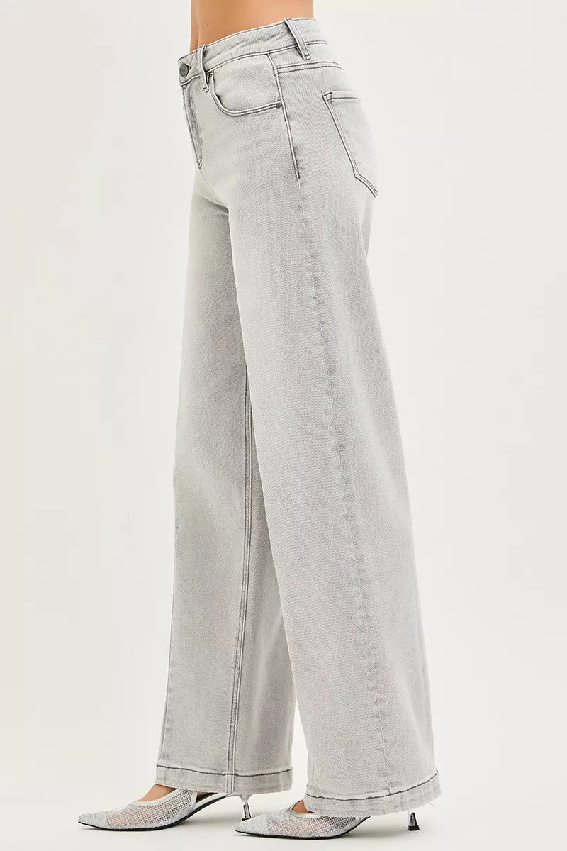 RISEN Slouchy Baggy Jeans: light-wash denim wide-leg pants with high waist and rolled cuffs