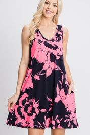 Heimish Full Size Floral V-Neck Tank Dress with Pockets Midi Dresses