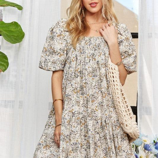 Light blue Adora floral puff sleeve mini dress with ruffled hem