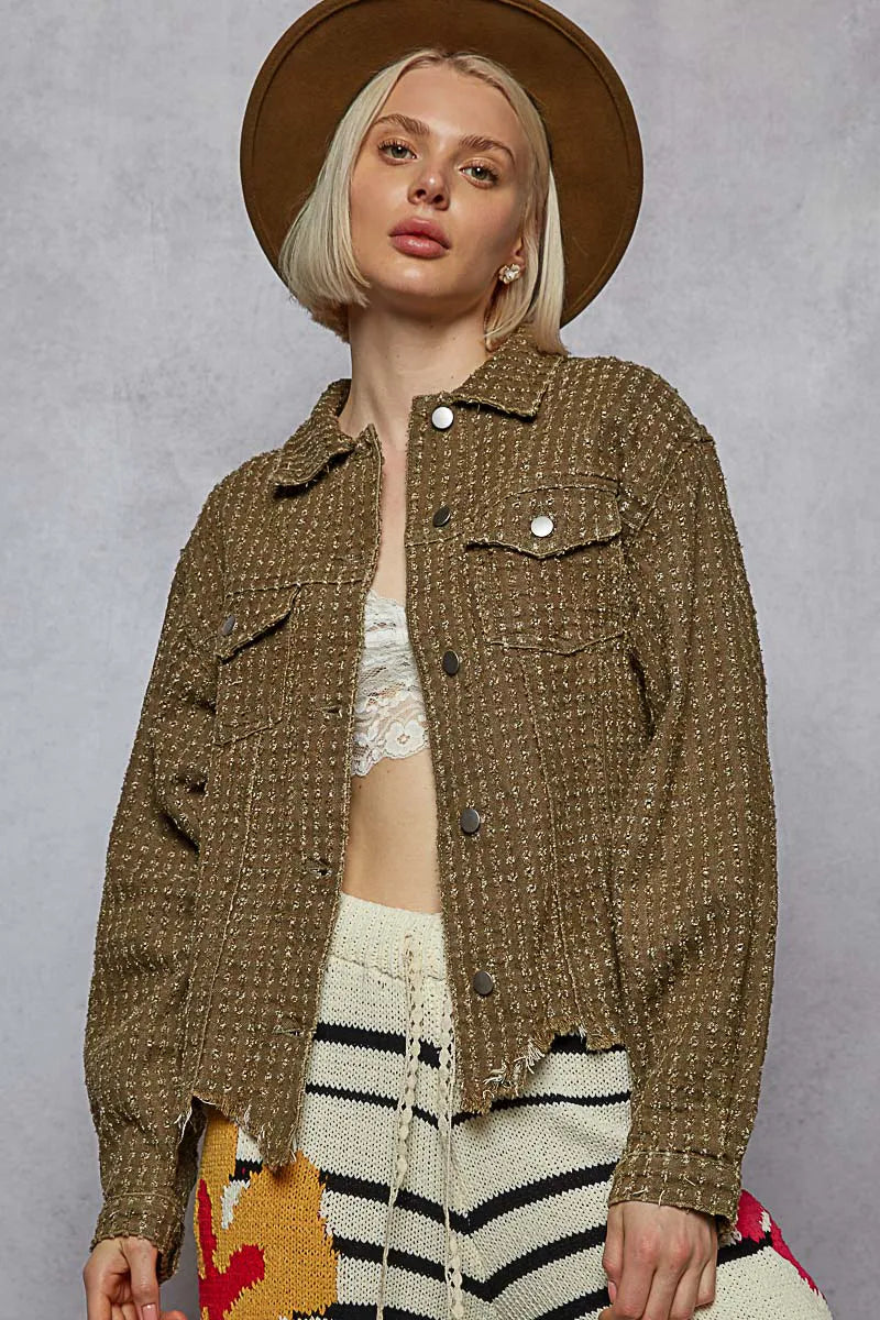 POL Raw Hem Button Up Jacket with Chest Pockets Olive Jackets