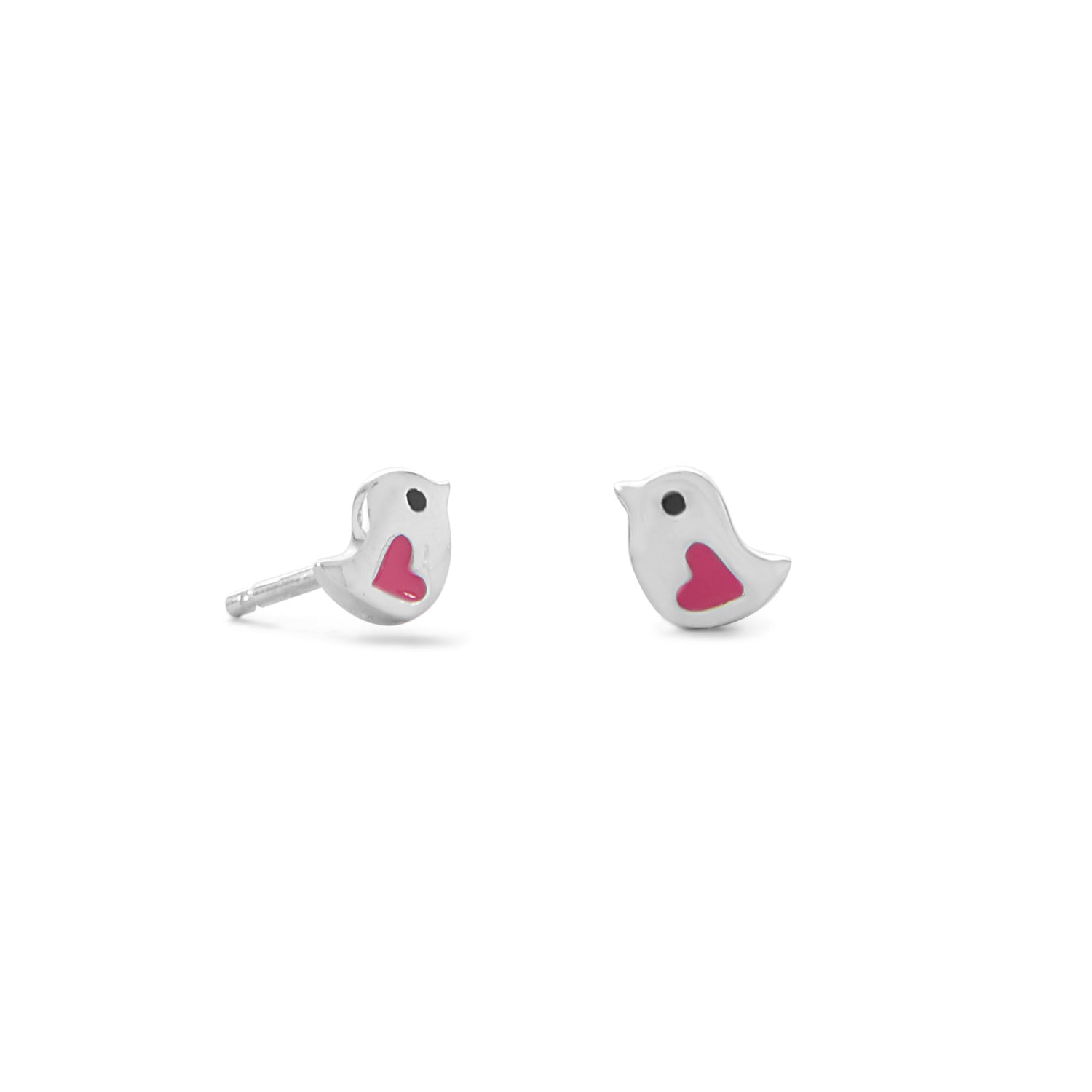 Sterling Silver Bird with Pink Enamel Heart Stud Earrings Default Title Earrings