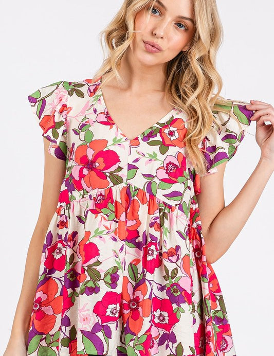 Mittoshop Floral V-Neck Ruffled Cap Sleeve Blouse