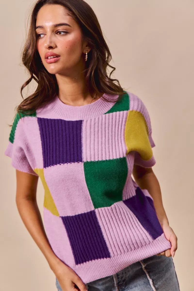 SO ME Mardi Gras plaid sweater in lavender green purple knit