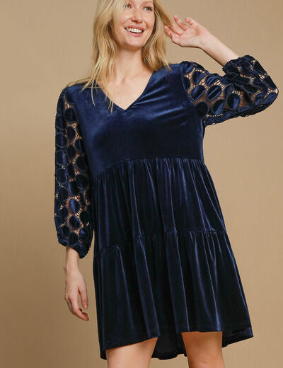 Umgee Dotted Lace Sleeve Tiered Velvet Mini Dress Navy