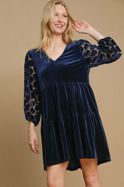 Umgee Dotted Lace Sleeve Tiered Velvet Mini Dress Navy