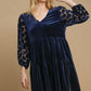 Umgee Dotted Lace Sleeve Tiered Velvet Mini Dress Navy Mini Dresses