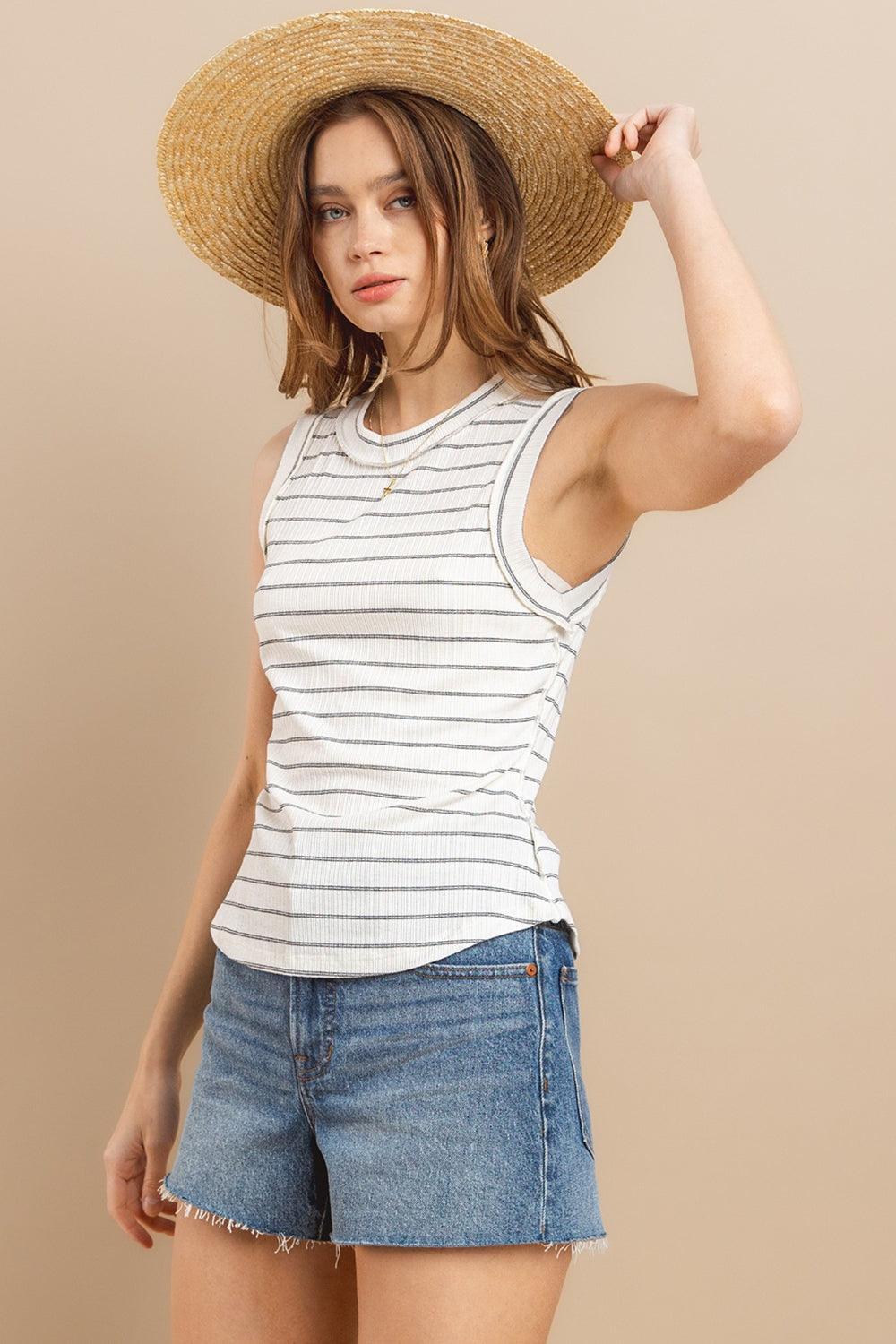 Ces Femme Striped Round Neck Tank - DAVERRI FASHIONS