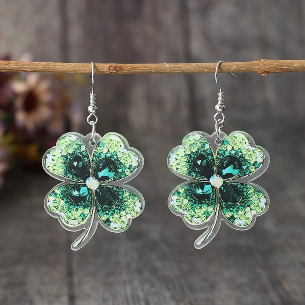 Dark Green One Size Lucky Clover Acrylic Dangle Earrings | Earrings Daverri Fashions