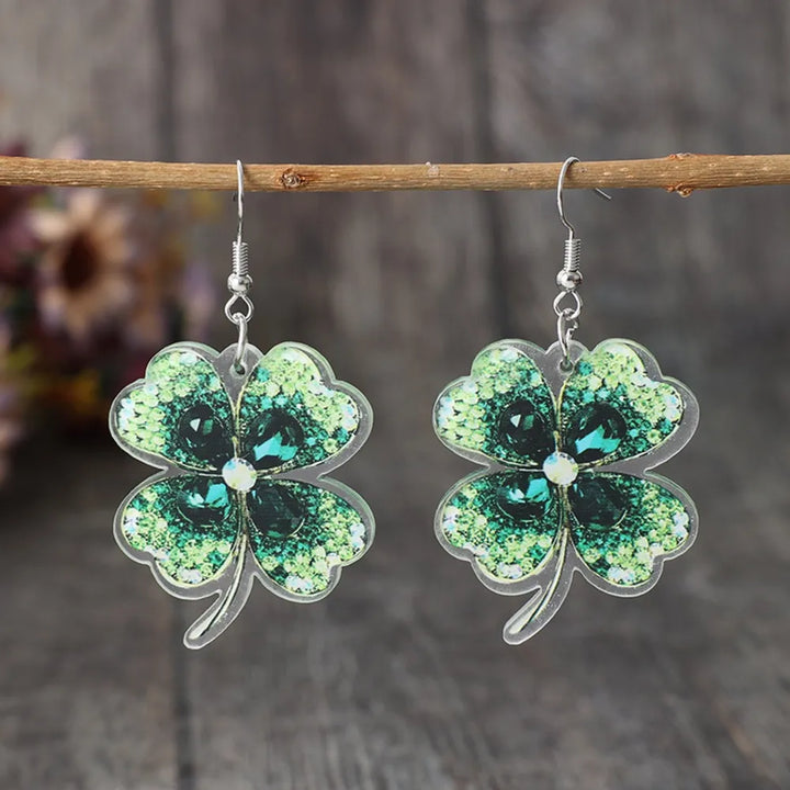 Dark Green One Size Lucky Clover Acrylic Dangle Earrings | Earrings Daverri Fashions