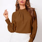 Ruched mock neck long sleeve blouse in stylish brown with pleated collar