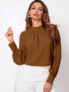 Ruched mock neck long sleeve blouse in stylish brown with pleated collar