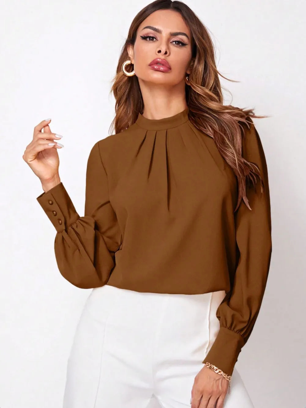 Ruched mock neck long sleeve blouse in stylish brown with pleated collar
