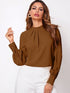 Ruched mock neck long sleeve blouse in stylish brown with pleated collar