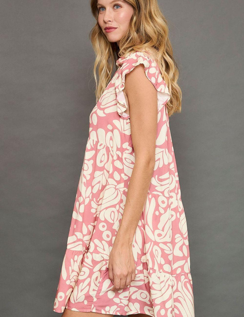 Umgee Full Size Two Tone Printed Ruffled Cap Sleeve Mini Dress Plus Size | Daverri Fashions