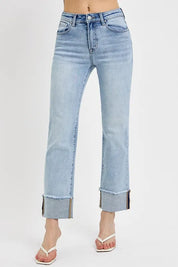 RISEN High Rise Straight Cuffed Relaxed Jeans | Jeans Daverri Fashions