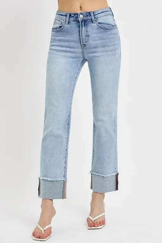 RISEN High Rise Straight Cuffed Relaxed Jeans - DAVERRI FASHIONS