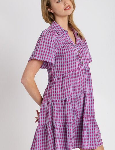 Umgee Full Size Gingham Tiered Button Detail Short Sleeve Dress Plus Size