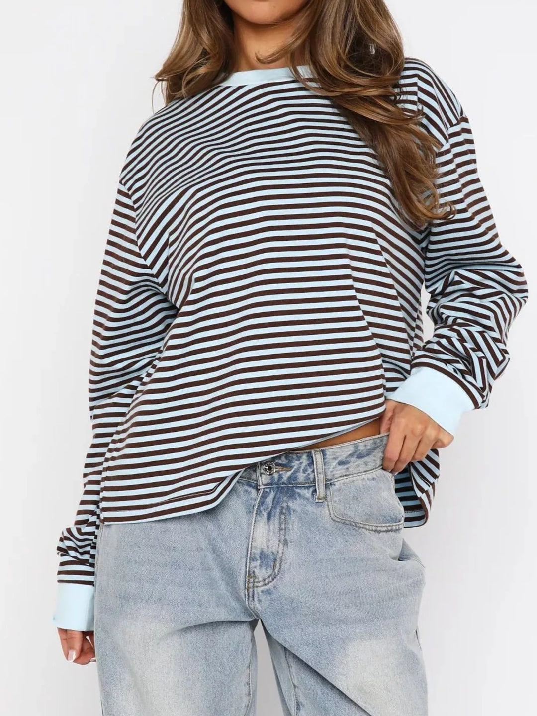 Light Blue Striped Oversized Round Neck Sweatshirt | Sweatshirts Daverri Fashions