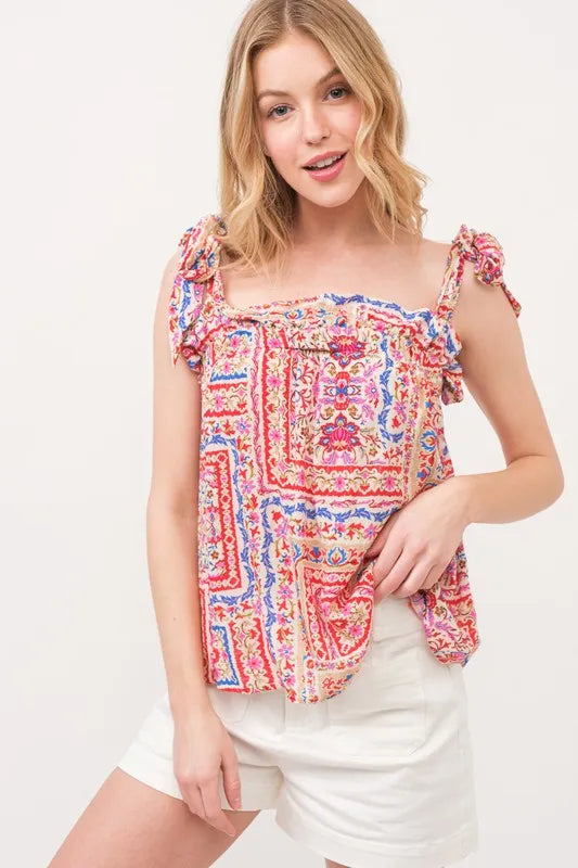 And The Why Ruffled Neck Tied Strap Boho Printed Swing Top RED MULTI Tops