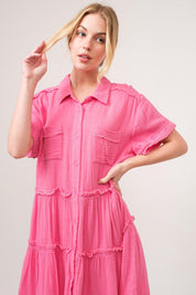 And The Why Full Size Raw Edge Washed Tiered Shirt Dress | Daverri Fashions