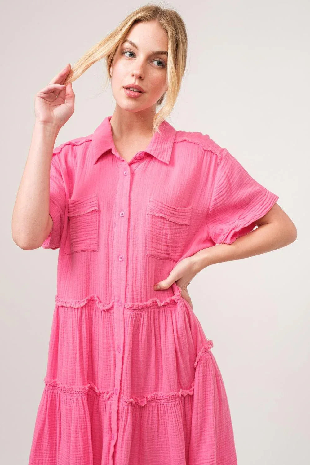 And The Why Full Size Raw Edge Washed Tiered Shirt Dress - DAVERRI FASHIONS