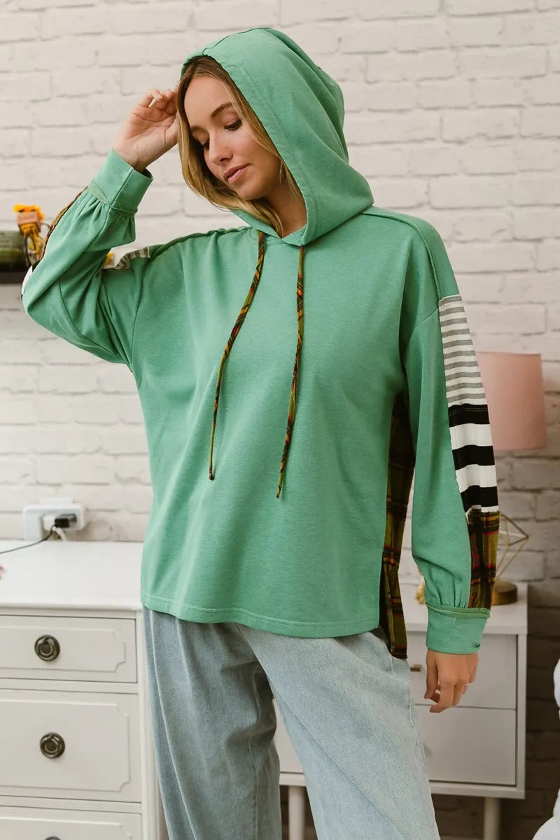 BiBi Plaid With Stripes Mix Match French Terry Hoodie | Hoodies Daverri Fashions