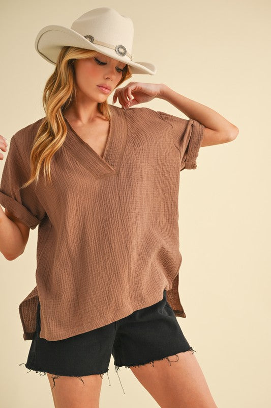 Aemi + Co Caramel Side Slit V-Neck Short Sleeve Blouse Blouses