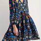 Bohemian navy floral print long sleeve mini dress with v-neck
