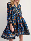 Bohemian navy floral print long sleeve mini dress with v-neck