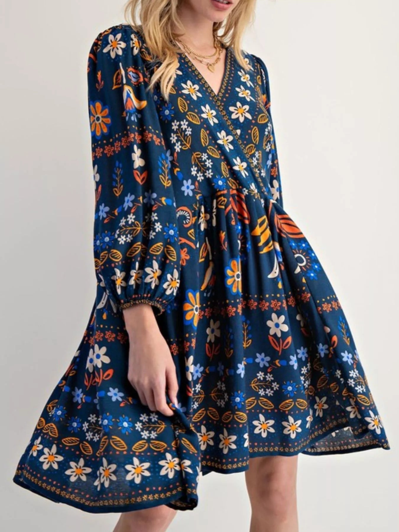 Bohemian navy floral print long sleeve mini dress with v-neck