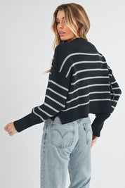 Aemi + Co Side Slit Striped Round Neck Knit Top Sweaters