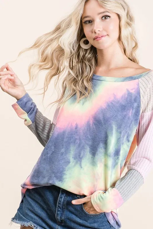 BiBi Tie Dye Terry Top With Color Block Pointelle Knit Tops