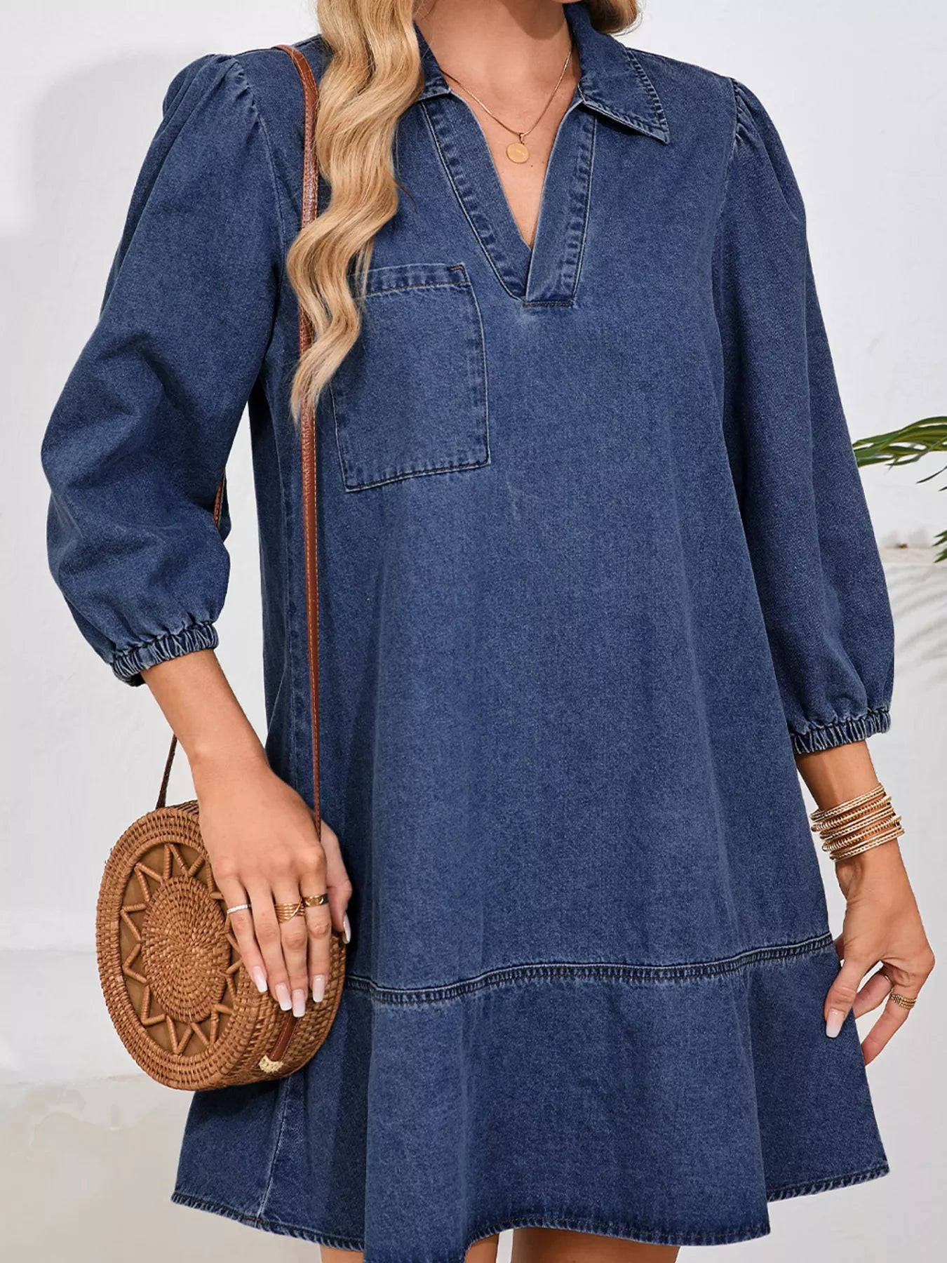V Neck Collared Single Chest Pocket Long Sleeve Denim Dress | Mini Dresses Daverri Fashions