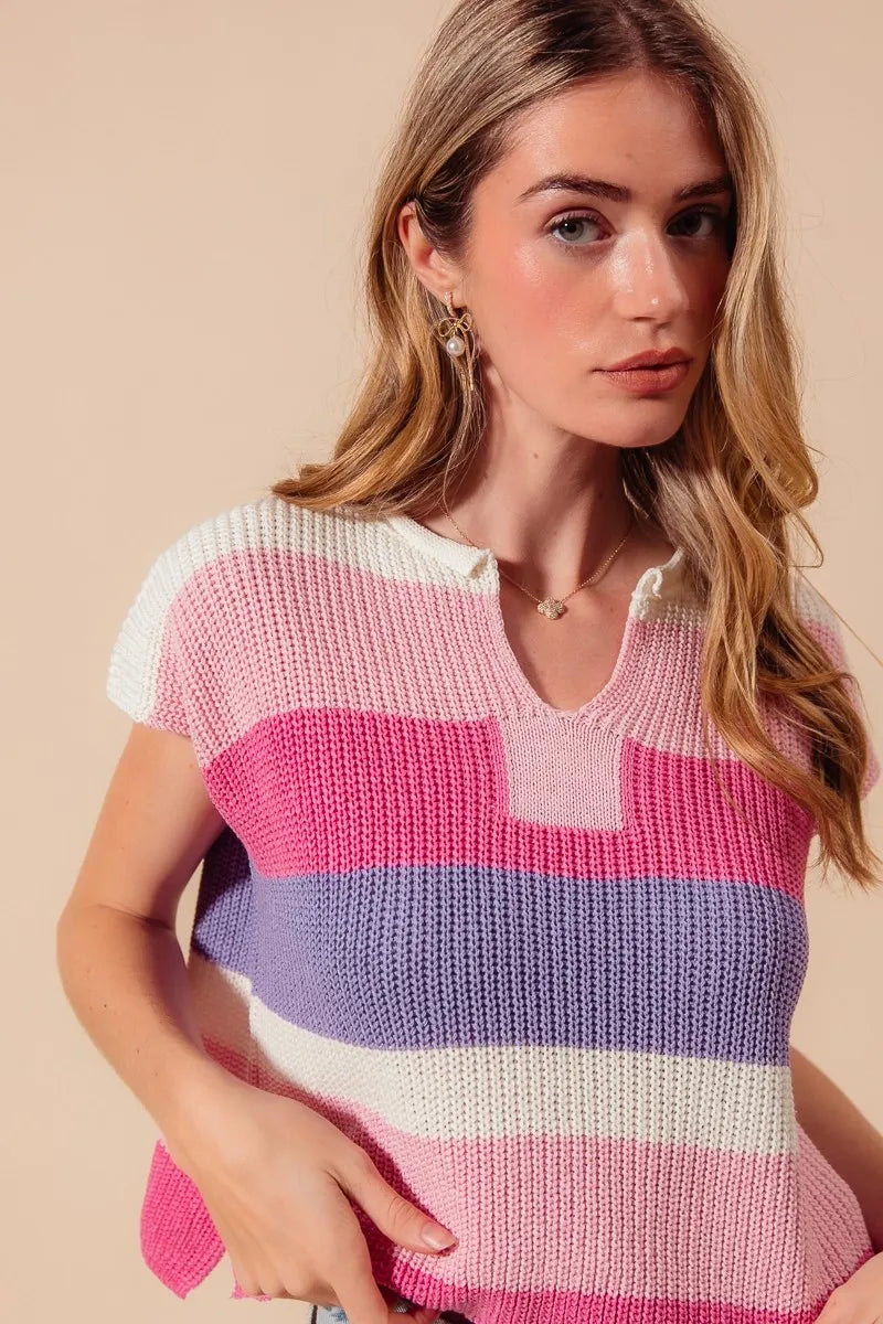 SO ME Multi Color Stripe Loose Fit Cap Sleeve Sweater Top