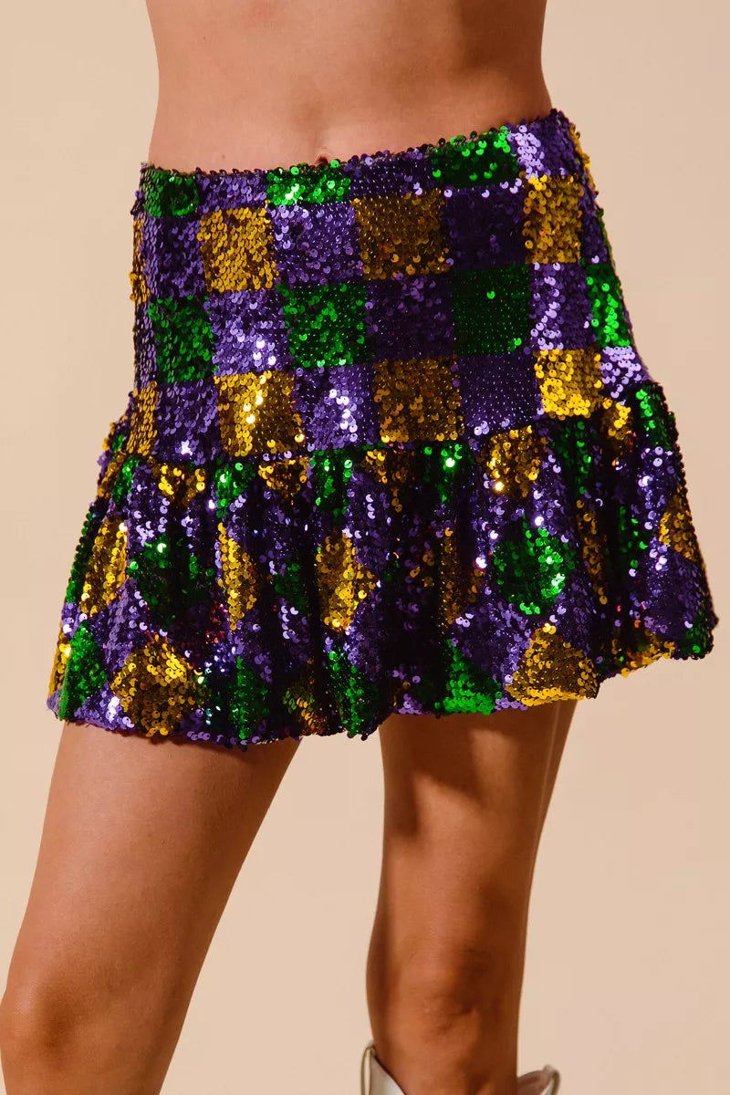 SO ME Mardi Gras checker sequins mini skirt in purple green gold
