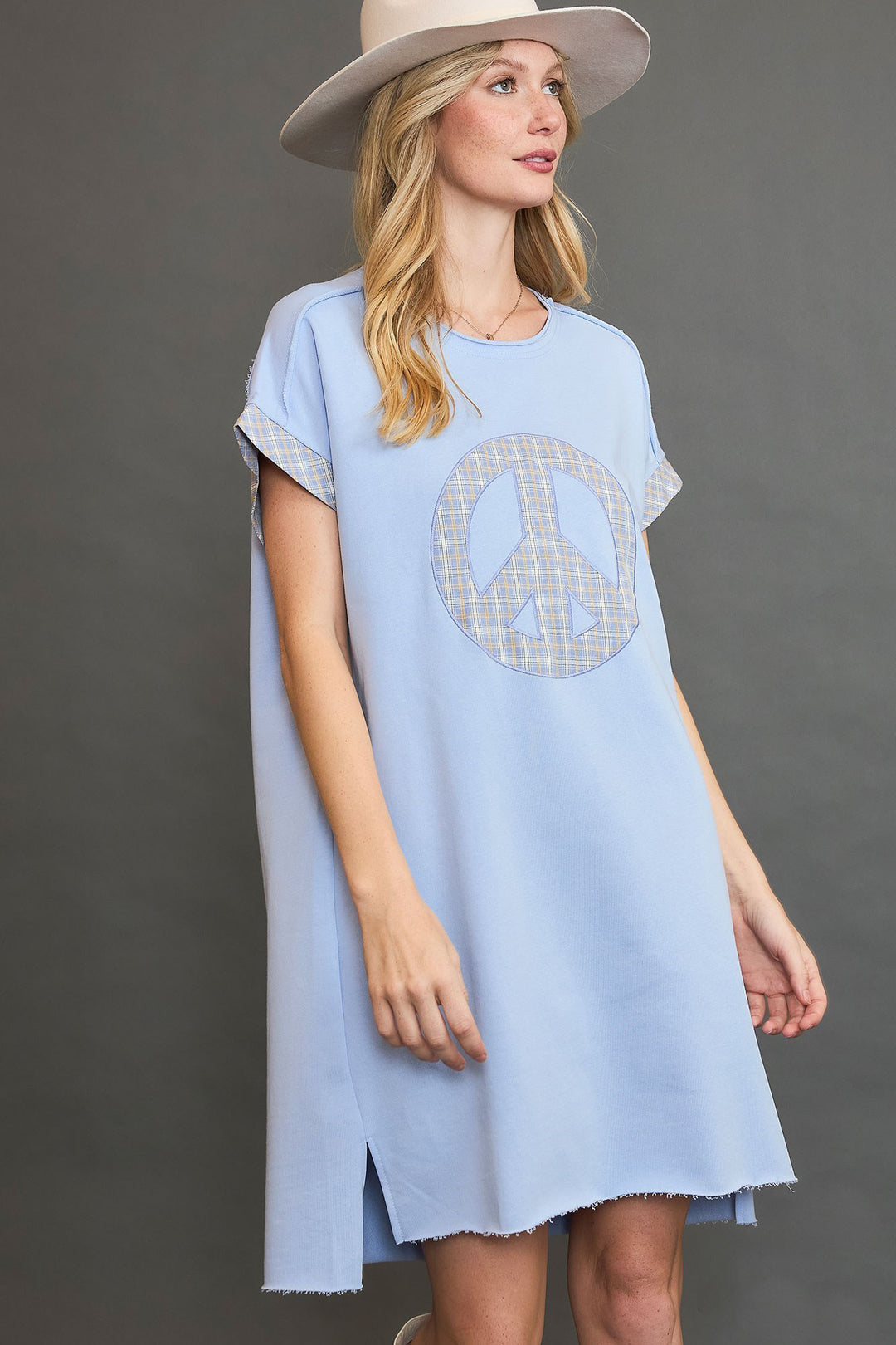 Umgee Peace Plaid Applique Short Sleeve Mini Dress Light Blue