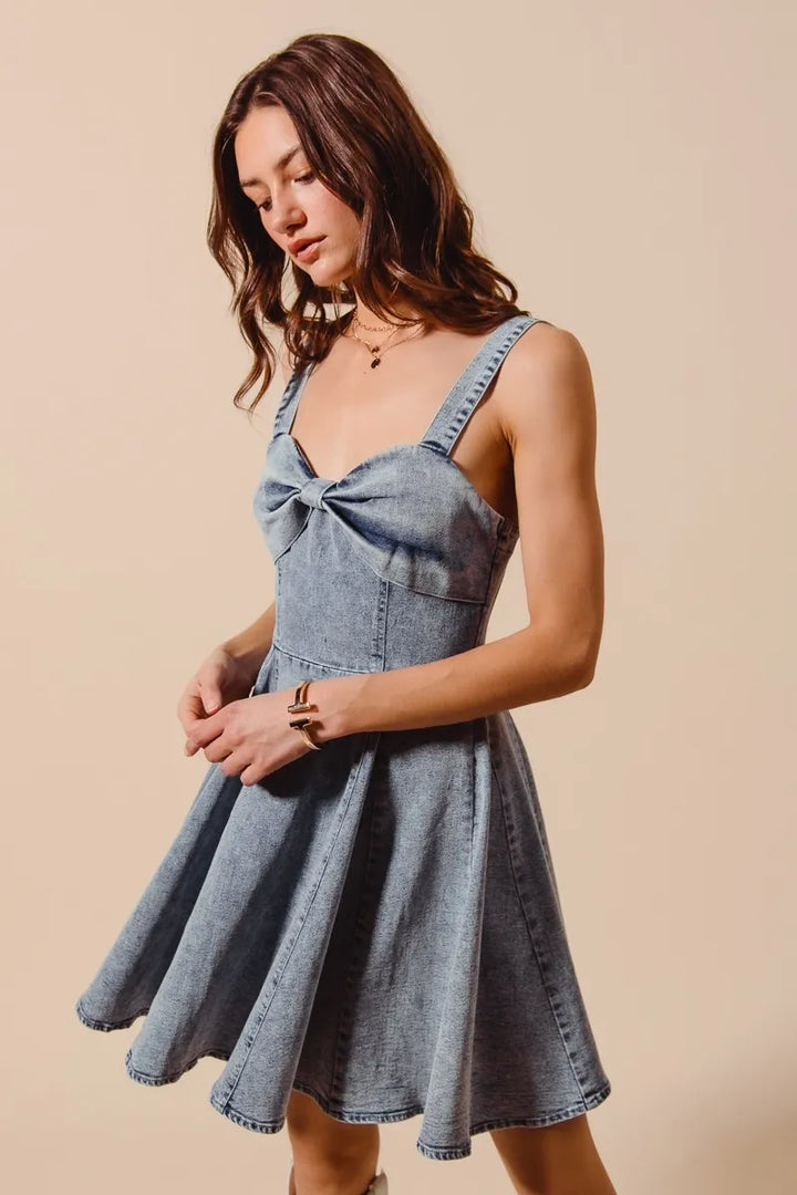 SO ME Mineral Washed Bow Ribbon Denim Flare Dress Mini Dresses