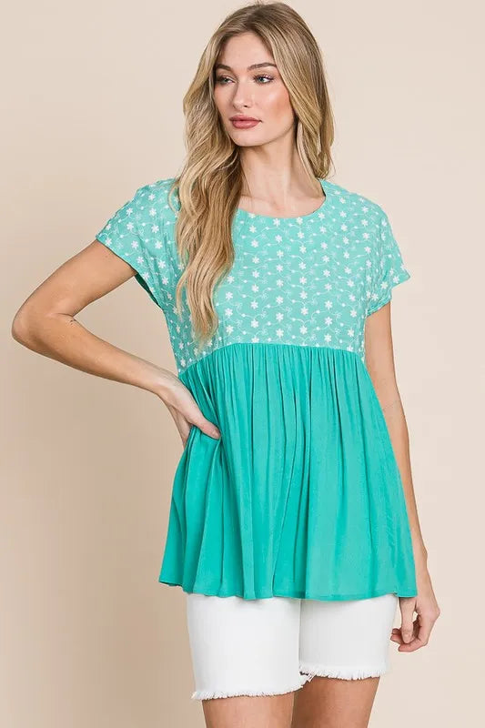 Lime 'N' Chili Full Size Embroidered Short Sleeve Pleated Babydoll Top Plus Size | Tops Daverri Fashions