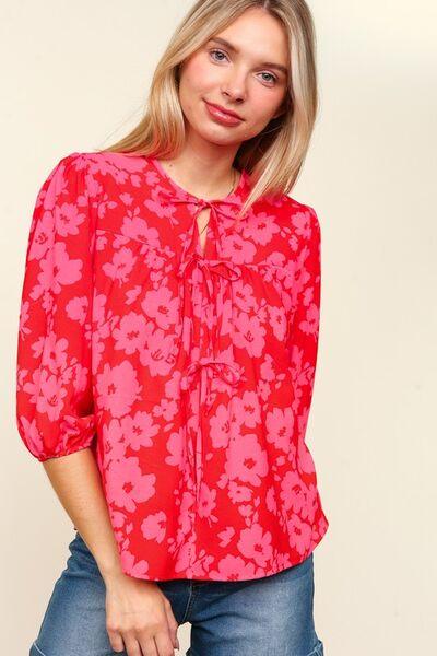 Haptics Full Size Ribbon Bow Floral Balloon Sleeve Blouse Blouses
