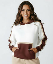 Cream and brown colorblock hooded sweatshirt with pockets and ribbed cuffs