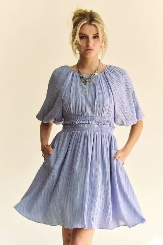 Davi & Dani Back Button Puff Sleeve Mini Dress - DAVERRI FASHIONS