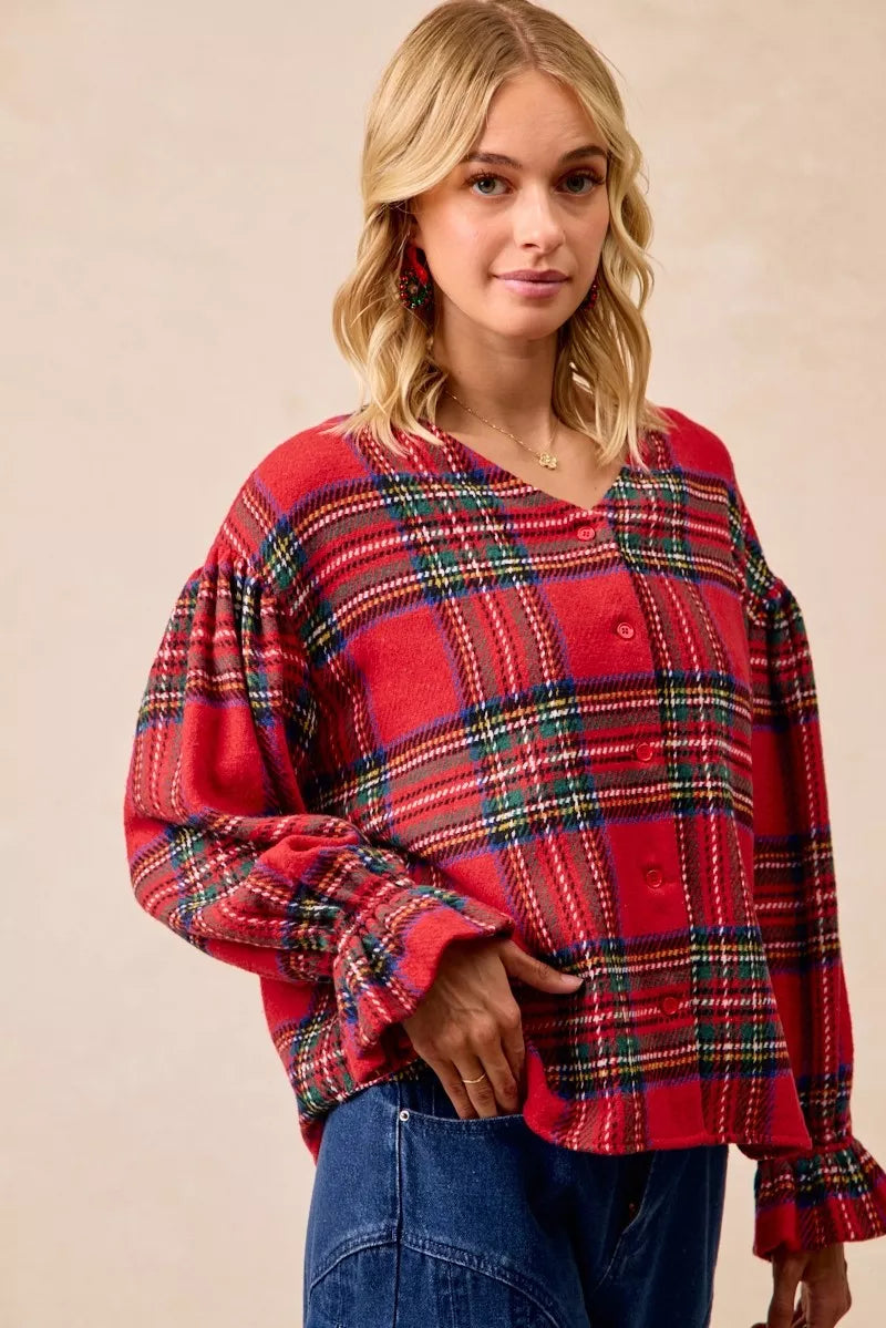 BiBi Christmas Plaid V-Neck Flounce Sleeve Jacket | Jackets Daverri Fashions