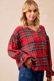 BiBi Christmas Plaid V-Neck Flounce Sleeve Jacket | Jackets Daverri Fashions