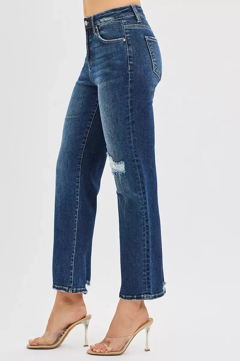 RISEN High Rise Crop Slim Straight Jeans with Hidden Knee Patch - DAVERRI FASHIONS