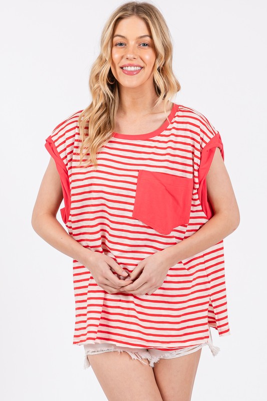 Ces Femme Side Slit Striped Cap Sleeve T-Shirt T-Shirts