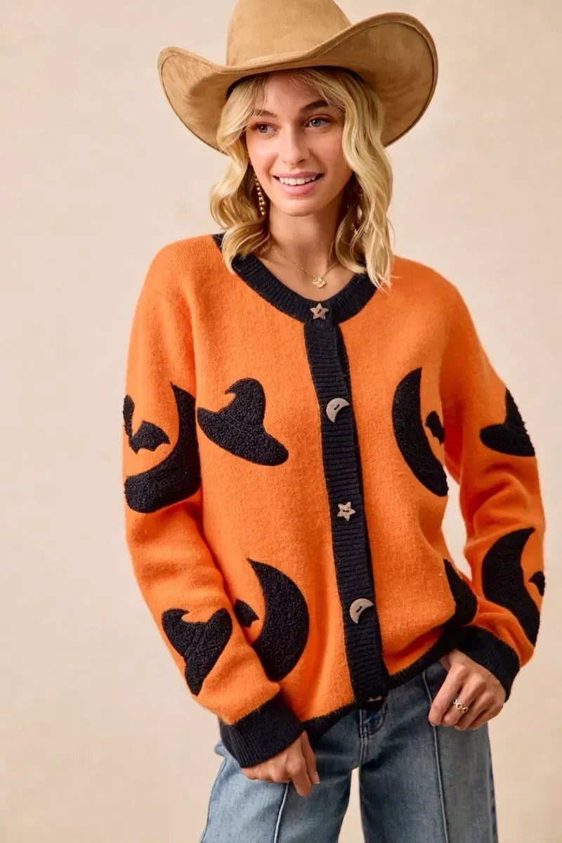 BiBi Halloween Witch Hat Moon Bat Artwork Cardigan - DAVERRI FASHIONS
